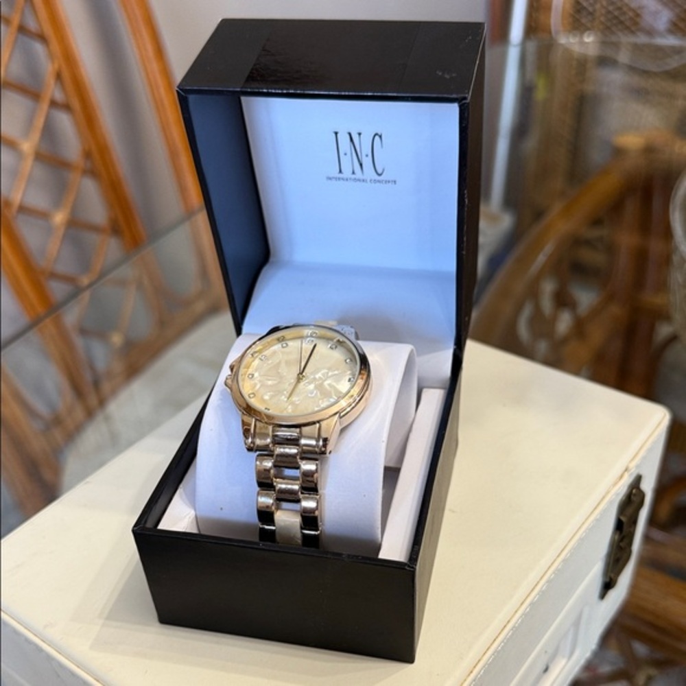 INC International Gold/ Pearl Tone Women’s 38MM Watch W/ Crystals NEW